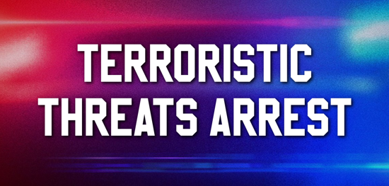 Terroristic Threats Arrest lettering with blue & red police lights